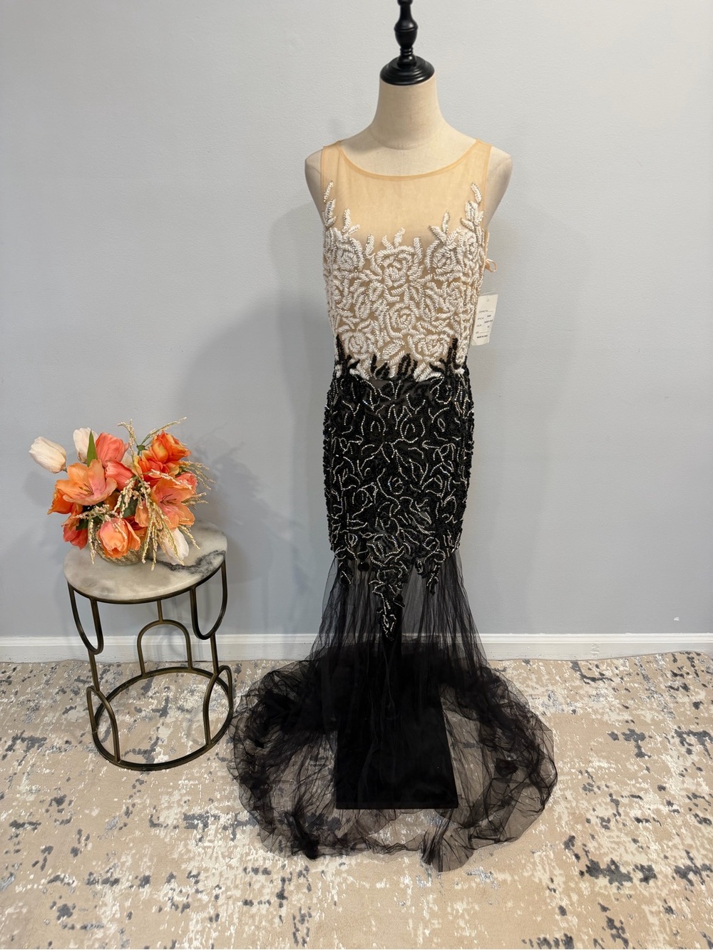 Camilla La Vie Floral Embellished Beads & Sequin Black & Nude Tulle Formal Dress